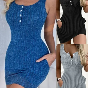 Button Front With Pocket Tank Dress Elegant Sleeveless Bodycon Dress For Spring Summer Women's Clothing - LadiesAndThings